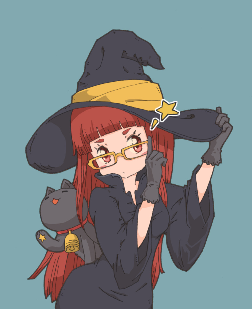 1girl bangs bell black_gloves blunt_bangs cat commentary glasses gloves hat highres long_hair original red_eyes redhead robe simple_background star wide_sleeves witch witch_hat yukimoto_shuuji_(gurigura)