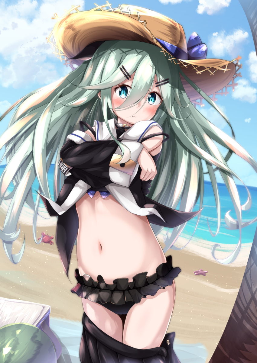 1girl beach bikini black_bikini black_skirt blue_bow blue_eyes blue_sky blush bow closed_mouth clouds cloudy_sky crab eyebrows_visible_through_hair green_hair hair_between_eyes hair_ornament hairclip hat hat_bow highres kantai_collection looking_at_viewer miniskirt mochiyuki ocean school_uniform skirt sky solo straw_hat swimsuit swimsuit_under_clothes underwear yamakaze_(kantai_collection)