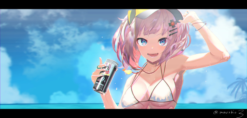 1girl absurdres bikini blue_eyes breasts highres kaguya_luna kaguya_luna_(character) large_breasts looking_at_viewer maoushiori3 open_mouth smile solo strong_zero swimsuit twintails under_boob upper_body virtual_youtuber white_bikini_top