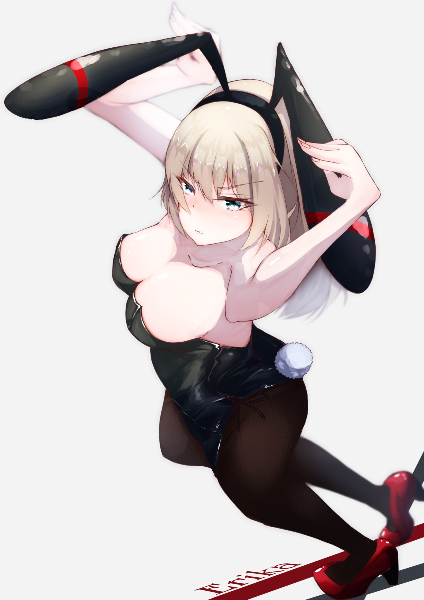 1girl absurdres animal_ears arms_up bangs black_leotard blurry blurry_background blush breasts bunny_pose bunny_tail bunnysuit character_name cleavage closed_mouth eyebrows_visible_through_hair fake_animal_ears fake_tail from_side frown full_body girls_und_panzer grey_background high_heels highres itsumi_erika legs leotard long_hair looking_at_viewer medium_breasts murata_ryou rabbit_ears red_footwear side-tie_leotard simple_background solo standing strapless strapless_leotard tail v-shaped_eyebrows