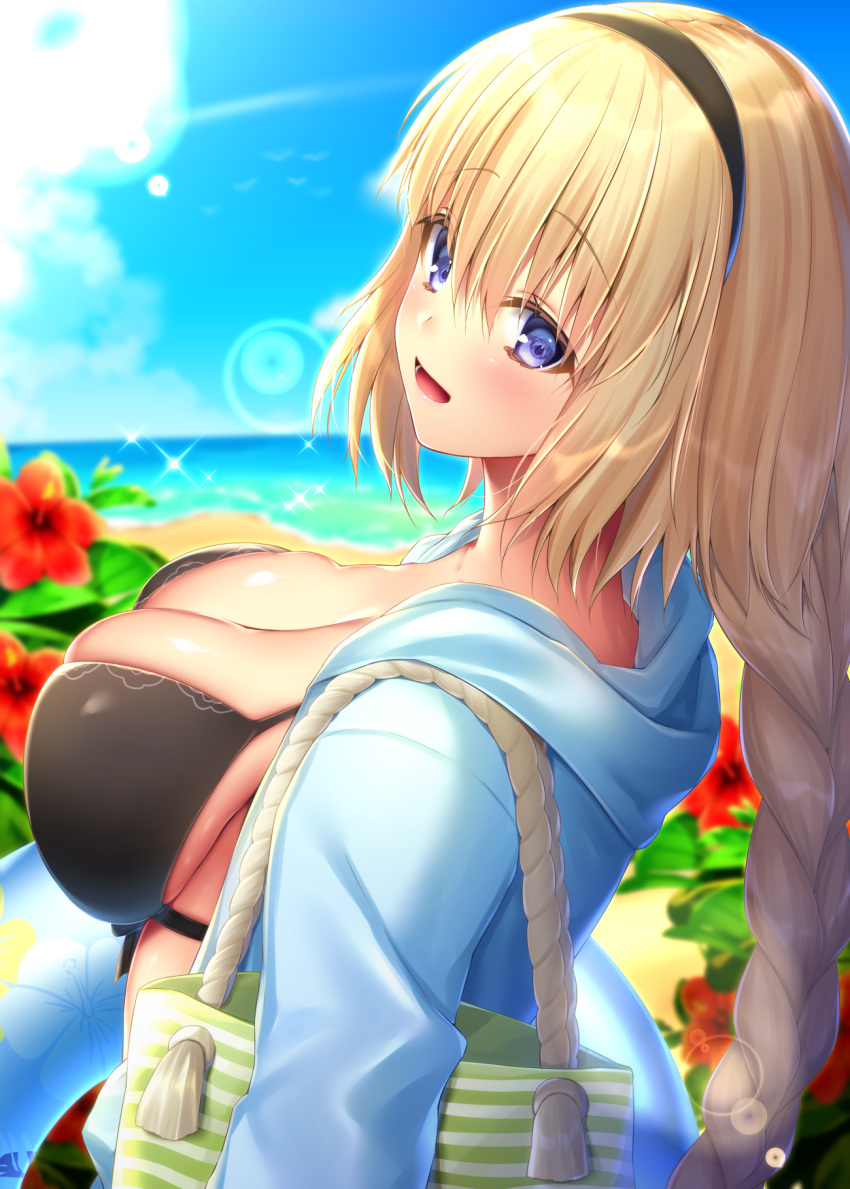 1girl :d bag bangs bikini black_bikini black_hairband blonde_hair blue_eyes blue_innertube blue_jacket blue_sky blurry blurry_background blush braid breasts cleavage clouds commentary_request day depth_of_field eyebrows_visible_through_hair fate/grand_order fate_(series) flower hair_between_eyes hairband head_tilt highres hood hood_down hooded_jacket innertube jacket jeanne_d'arc_(fate) jeanne_d'arc_(fate)_(all) jiiwara large_breasts long_hair looking_at_viewer looking_to_the_side open_clothes open_jacket open_mouth outdoors red_flower skindentation sky smile solo swimsuit very_long_hair