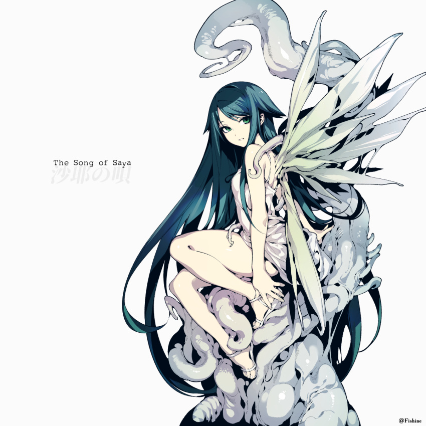 1girl aqua_hair bare_shoulders breasts dress fishine green_eyes grin highres long_hair looking_at_viewer sandals saya saya_no_uta simple_background sitting smile solo very_long_hair white_background white_dress wings