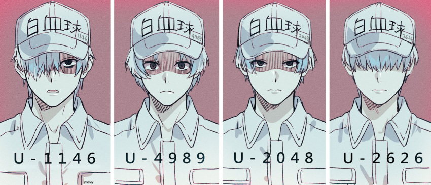 4boys artist_name baseball_cap black_eyes character_name close-up closed_mouth collared_shirt column_lineup hair_over_eyes hair_over_one_eye hat hataraku_saibou highres male_focus mery_(apfl0515) multiple_boys purple_background shaded_face shirt simple_background u-1146 u-2048 u-2626 u-4989 white_blood_cell_(hataraku_saibou) white_hair white_hat white_skin