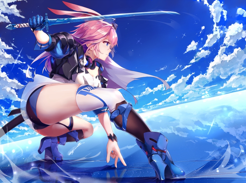 animal_ears ass benghuai_xueyuan blue_eyes blue_footwear breasts clouds curvy gloves headphones heels high_heels highres hips holding honkai_impact huge_filesize jacket legs long_hair pink_hair rabbit_ears shirt sky sword thick_thighs thigh-highs thighs weapon white_shirt wide_hips yae_sakura_(benghuai_xueyuan) zombie-andy