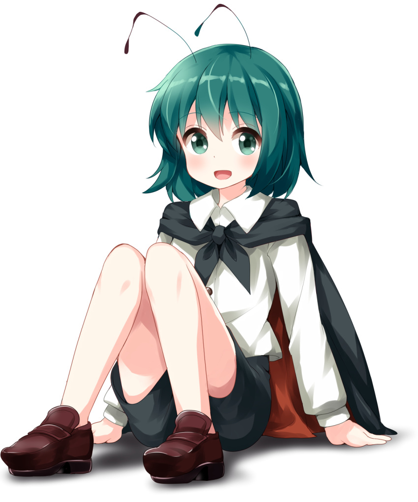 1girl :d antennae arm_support bangs black_cape black_shorts blush brown_footwear cape commentary_request eyebrows_visible_through_hair full_body green_eyes green_hair hair_between_eyes highres knees_up loafers long_sleeves looking_at_viewer open_mouth ruu_(tksymkw) shadow shirt shoes short_hair shorts sitting smile solo touhou white_shirt wing_collar wriggle_nightbug