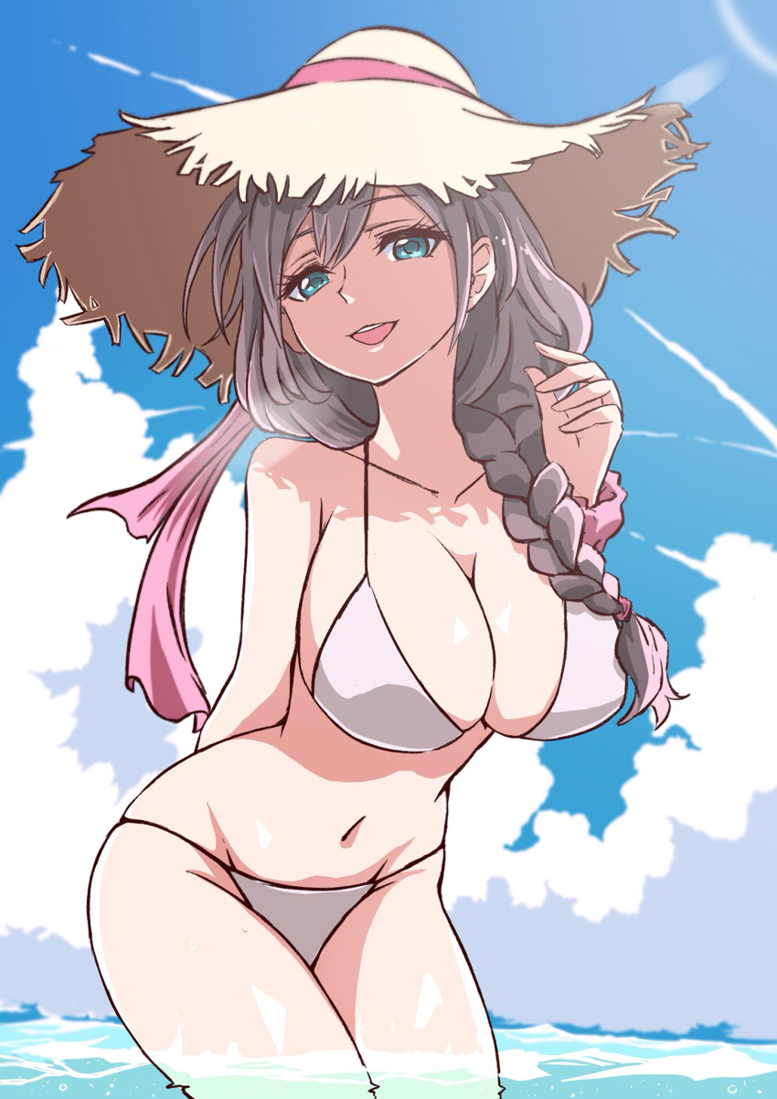 1girl aqua_eyes arm_behind_back bangs bikini black_hair blue_sky braid breasts character_request clouds collaboration copyright_request cowboy_shot hair_over_shoulder hat highres hips large_breasts long_hair midriff navel ocean open_mouth sherumaru_(korcht06) side_braid sky smile solo straw_hat summer sun_hat swimsuit teeth water white_bikini