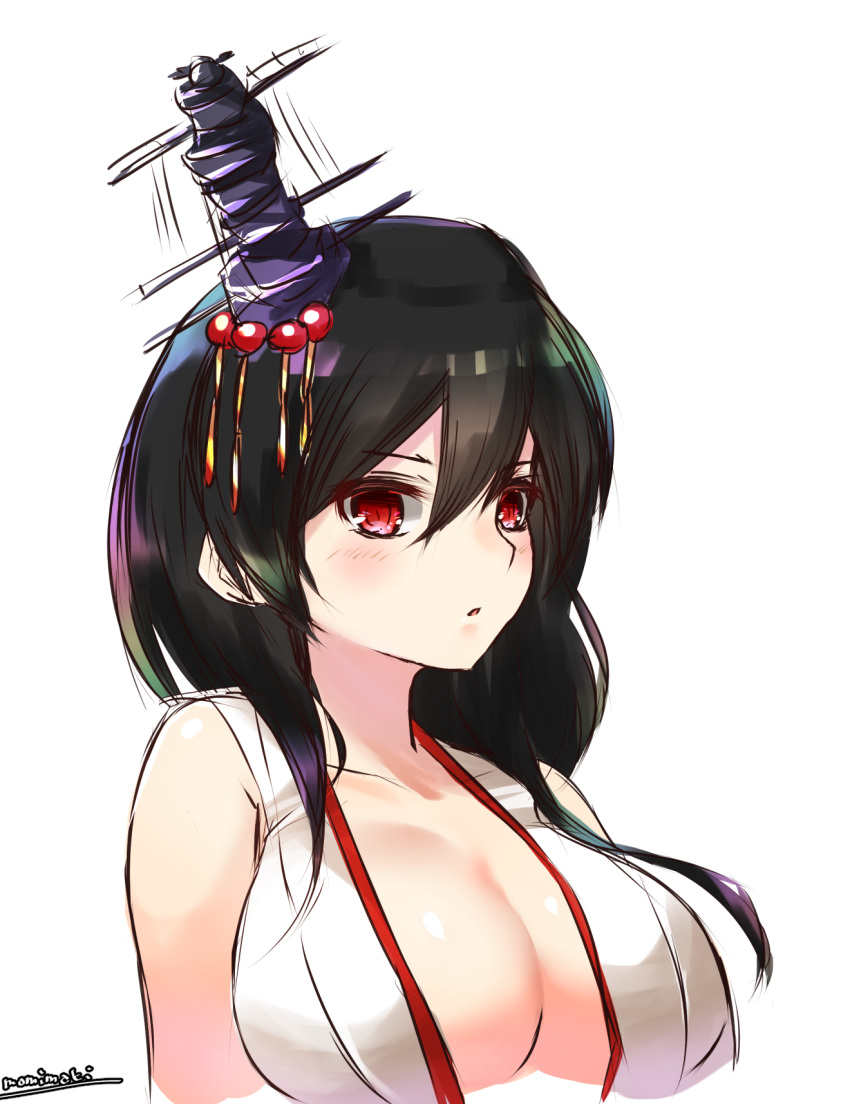 1girl :o black_hair breasts cleavage hair_ornament highres kantai_collection large_breasts light_blush looking_at_viewer momiji_(103) red_eyes short_hair signature solo upper_body white_background yamashiro_(kantai_collection)