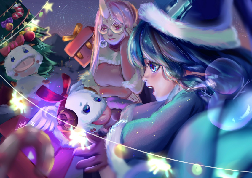 2girls :d alternate_costume alternate_hair_color alternate_hairstyle amumu blue_eyes blue_hair blue_hat blurry_foreground candy candy_cane christmas_tree food fur_trim glass_ornament glasses gloves hand_on_own_cheek hand_up hat highres horn league_of_legends long_hair looking_at_viewer lulu_(league_of_legends) multiple_girls nail_polish open_mouth orb ornament pink_lips pink_nails poro_(league_of_legends) profile re-gifted_amumu smile soraka star tongue tongue_out winter_clothes winter_wonder_lulu yaozi_(scorpion) yordle
