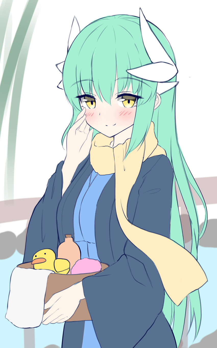 1girl absurdres bangs blue_kimono blush brown_eyes closed_mouth dragon_horns eyebrows_visible_through_hair fate/grand_order fate_(series) green_hair hair_between_eyes highres horns japanese_clothes kimono kiyohime_(fate/grand_order) long_hair long_sleeves moyoron rubber_duck scarf smile solo towel very_long_hair wide_sleeves yellow_scarf