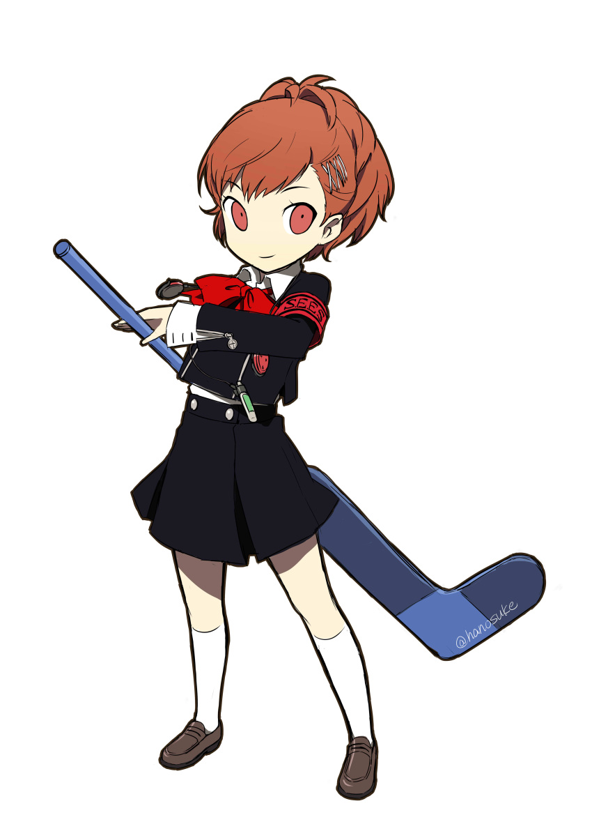 1girl absurdres digital_media_player female_protagonist_(persona_3) hanosuke headphones highres hockey_stick persona persona_3 persona_3_portable persona_q:_new_cinema_labyrinth red_eyes redhead school_uniform solo