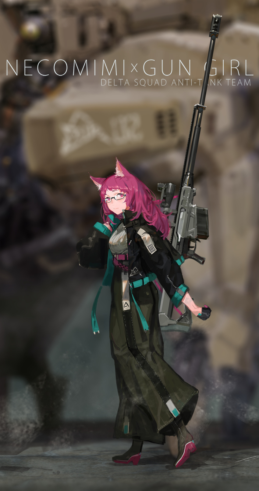1girl animal_ears anti-materiel_rifle belt boots carrying_over_shoulder cat_ears full_body glasses gloves gun high_heels highres jacket long_hair looking_at_viewer mecha original pink_hair rifle science_fiction smile sniper_rifle tommy830219 walking wall weapon