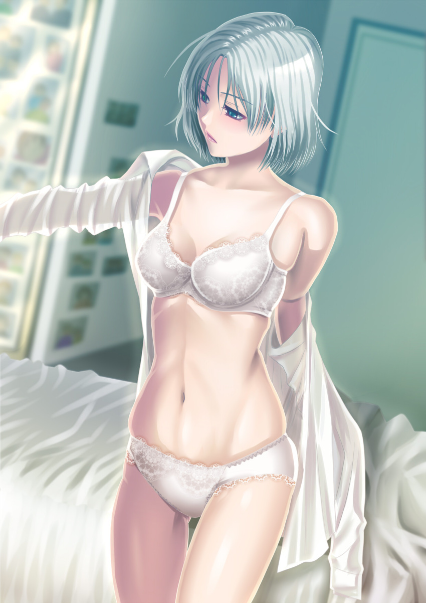 1girl blue_eyes blurry blurry_background bra breasts depth_of_field dress_shirt dressing eyebrows_visible_through_hair front_mission front_mission_5 gluteal_fold grey_hair highres lace lace-trimmed_bra lace-trimmed_panties looking_to_the_side lynn_wenright medium_breasts navel off_shoulder panties shirt short_hair solo thigh_gap underwear underwear_only wanana white_bra white_panties white_shirt