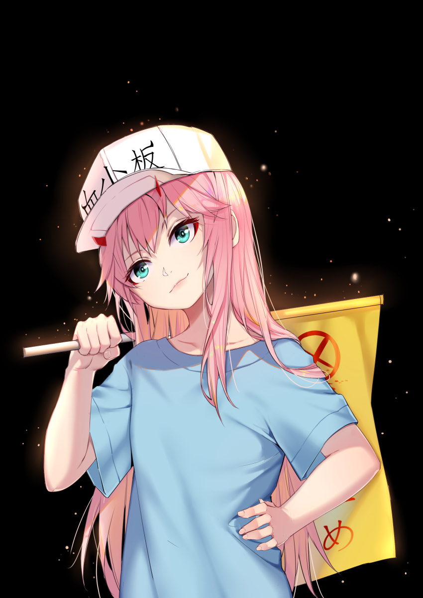 1girl absurdres bangs blue_shirt character_name closed_mouth clothes_writing collarbone commentary_request cosplay darling_in_the_franxx eyebrows_visible_through_hair fingernails flag flat_cap green_eyes hair_between_eyes hand_on_hip hat hataraku_saibou head_tilt highres holding holding_flag horns koi_han long_hair looking_away over_shoulder pink_hair platelet_(hataraku_saibou) platelet_(hataraku_saibou)_(cosplay) shirt short_sleeves smile solo very_long_hair white_hat zero_two_(darling_in_the_franxx)