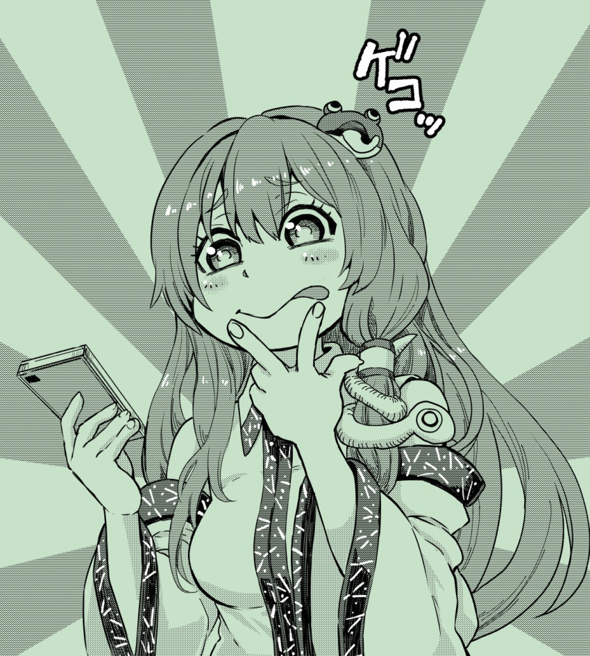 1girl :p bangs blush closed_mouth commentary_request detached_sleeves eyebrows_visible_through_hair frog_hair_ornament green hair_ornament hair_tubes hand_up highres holding holding_phone kochiya_sanae long_hair long_sleeves monochrome natsushiro phone sidelocks snake_hair_ornament solo tongue tongue_out touhou upper_body wide_sleeves