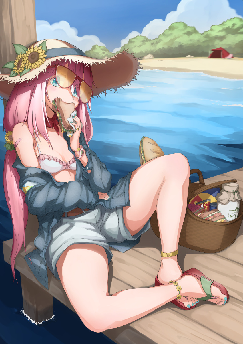 1girl absurdres anklet baguette bandaid_on_shoulder beach belt blue_eyes blue_nails blush bottle bracelet bread breasts can chocolate_bar clouds dock eating flower food frilled_bikini_top glasses hat highres holding holding_food jacket jewelry kagamihara_nadeshiko long_hair low_twintails milk_bottle nail_polish off_shoulder open_clothes open_jacket outdoors picnic_basket pink_hair red-framed_eyewear ring sandals sandwich shorts sky sleeves_past_wrists small_breasts soda_can solo straw_hat sunflower tent toenail_polish twintails very_long_hair watch watch water white_bikini_top yosianng yurucamp