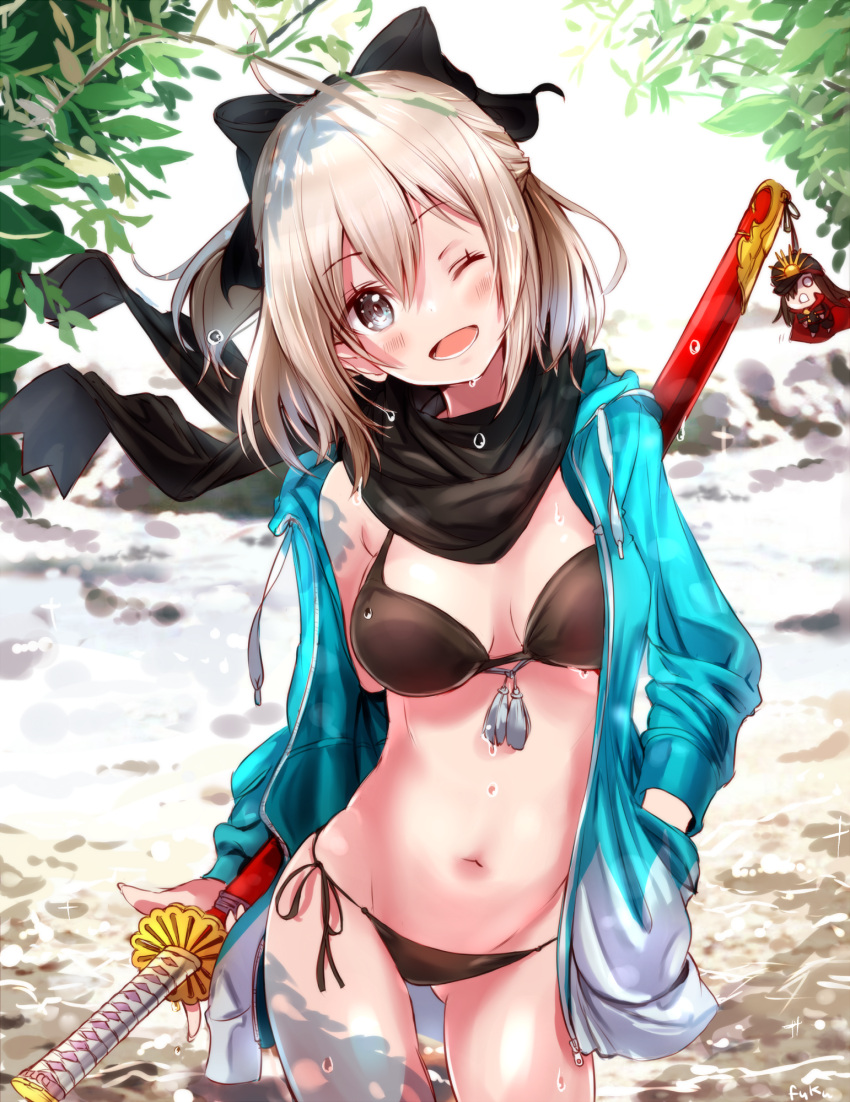 1girl ;d adapted_costume bikini black_bikini black_bow black_scarf blue_jacket blush bow breasts cleavage cowboy_shot day eyebrows_visible_through_hair fate/grand_order fate_(series) fuku_kitsune_(fuku_fox) gluteal_fold grey_eyes groin hair_between_eyes hair_bow hand_in_pocket head_tilt highres jacket looking_at_viewer medium_breasts navel oda_nobunaga_(fate) okita_souji_(fate) okita_souji_(fate)_(all) one_eye_closed open_clothes open_jacket open_mouth outdoors scarf shiny shiny_skin side-tie_bikini silver_hair smile solo standing swimsuit