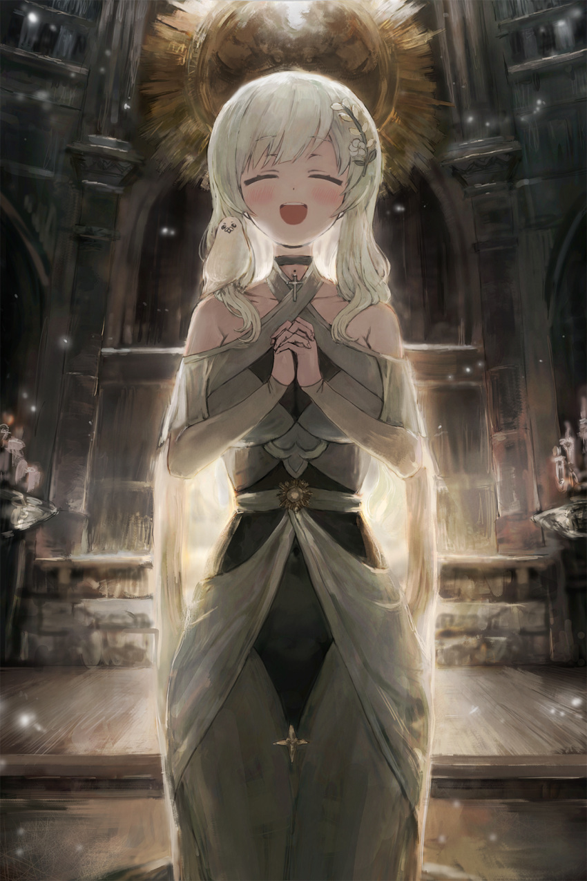 1girl :d animal_on_shoulder bird bird_on_shoulder blush candle candlestand choker closed_eyes copyright_request dress facing_viewer flower grey_dress hair_flower hair_ornament hands_together highres indoors interlocked_fingers long_hair long_sleeves open_mouth smile sonchi standing white_hair