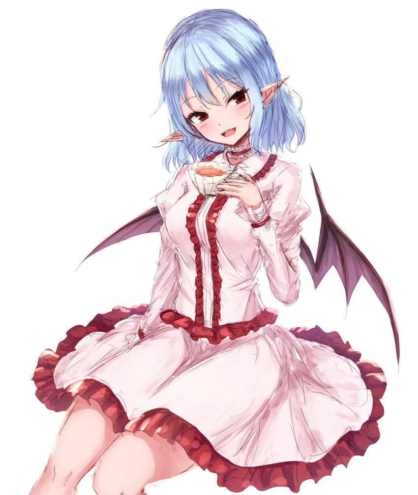 1girl :d bangs bat_wings blue_hair blush breasts center_frills choker commentary cup eyebrows_visible_through_hair fang frilled_choker frilled_shirt frilled_skirt frills grey_wings hair_between_eyes highres holding holding_cup juliet_sleeves junior27016 long_sleeves looking_at_viewer medium_breasts medium_hair open_mouth pink_shirt pink_skirt pointy_ears puffy_sleeves red_choker red_eyes red_frills remilia_scarlet shirt simple_background sitting sketch skirt skirt_set smile solo tea teacup touhou white_background white_shirt white_skirt wings