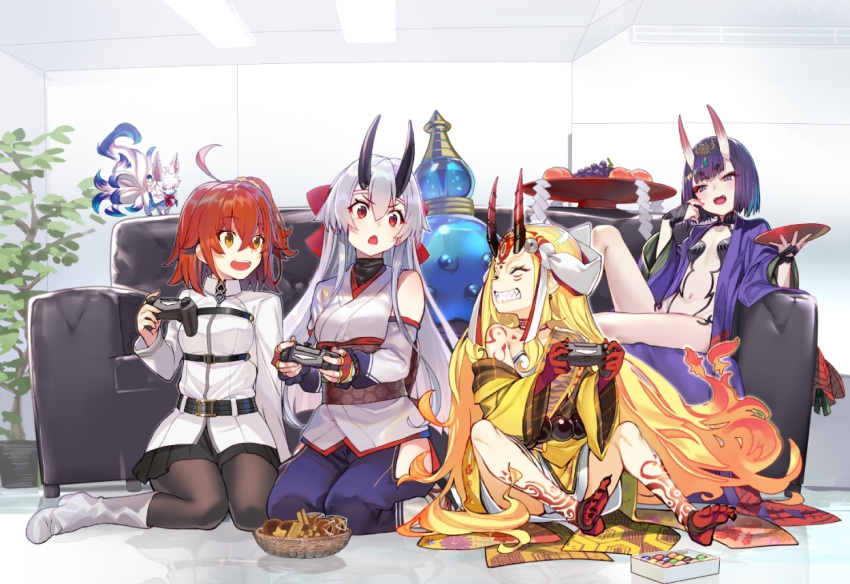 4girls :d ahoge bangs barefoot belt black_legwear black_skirt blonde_hair bob_cut boots bottle breasts candy chaldea_uniform checkerboard_cookie choker closed_eyes commentary_request controller cookie couch creature cup detached_sleeves eyebrows_visible_through_hair eyelashes facial_mark fangs fate/grand_order fate_(series) fingernails food forehead_mark fou_(fate/grand_order) fruit fujimaru_ritsuka_(female) game_controller gamepad grapes grin hair_ornament hair_ribbon hair_scrunchie holding holding_cup horns ibaraki_douji_(fate/grand_order) indoors jacket japanese_clothes kimono knee_up long_hair long_sleeves looking_at_another looking_at_viewer medium_breasts multiple_girls navel obi oni oni_horns open_mouth orange_hair pants pantyhose peach plant playing_games pleated_skirt potted_plant print_kimono purple_hair red_eyes revealing_clothes ribbon sakazuki sash scrunchie seiza sharp_fingernails sharp_teeth shirabi short_hair shuten_douji_(fate/grand_order) side_ponytail sitting skirt small_breasts smile tattoo teeth tomoe_gozen_(fate/grand_order) uniform v-shaped_eyebrows very_long_hair violet_eyes wariza white_footwear white_hair white_jacket yellow_eyes