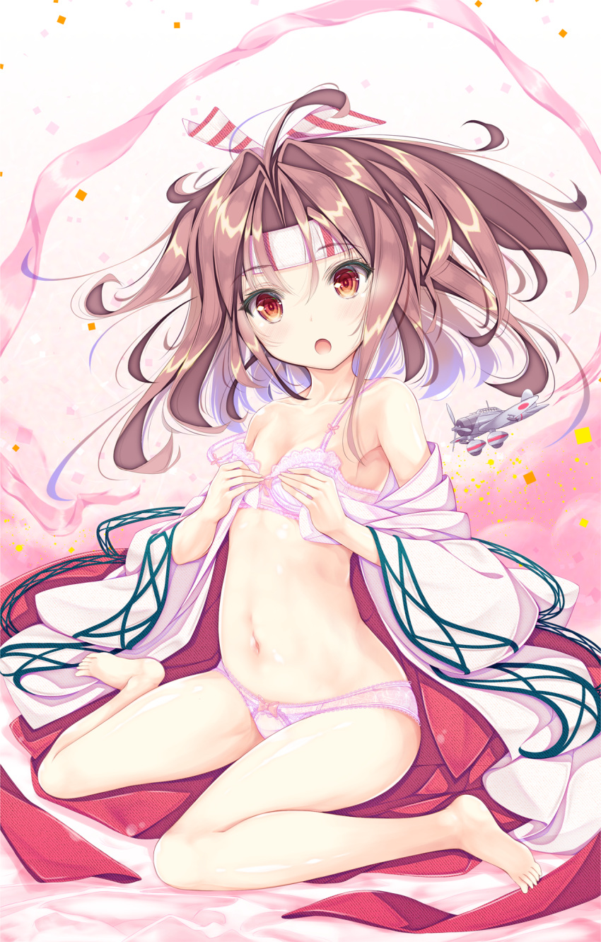 1girl :o aircraft airplane armpits bangs bare_legs bare_shoulders barefoot blush bow bow_bra bow_panties bra breasts brown_eyes brown_hair collarbone commentary_request d3a eyebrows_visible_through_hair fingernails flying hachimaki hair_between_eyes hands_up head_tilt headband highres japanese_clothes kantai_collection kimono long_hair long_sleeves looking_at_viewer navel off_shoulder open_clothes open_mouth panties pink_bra pink_panties pink_ribbon red_eyes ribbon shiny shiny_skin sitting small_breasts solo strap_slip tenmu_shinryuusai underwear wariza white_kimono wide_sleeves zuihou_(kantai_collection)