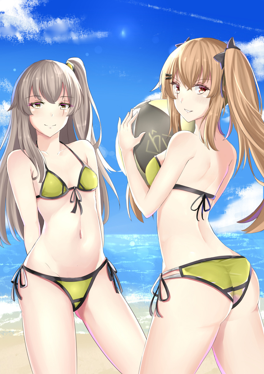 2girls absurdres alternate_costume arikawa_rui arms_behind_back ass bangs beachball bikini blue_sky blush breasts brown_eyes brown_hair closed_mouth clouds day eyebrows_visible_through_hair girls_frontline groin hair_between_eyes hair_ornament highres holding_beachball long_hair looking_at_viewer medium_breasts multiple_girls navel ocean one_side_up outdoors parted_lips sand scar scar_across_eye siblings side-tie_bikini sisters sky small_breasts smile stomach swimsuit thighs twins twintails ump45_(girls_frontline) ump9_(girls_frontline) yellow_eyes