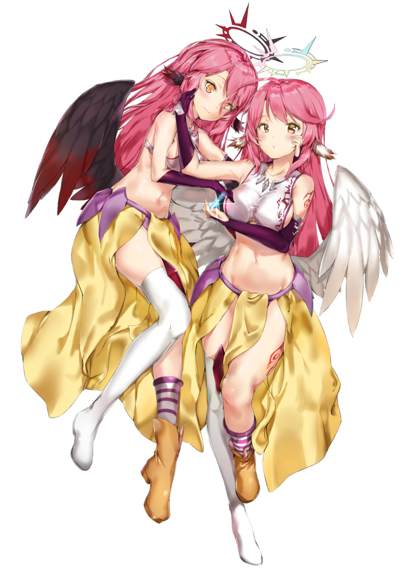 2girls angel_wings black_wings blush breasts chess_piece closed_mouth commentary_request crop_top cross dual_persona feathered_wings halo highres jibril_(no_game_no_life) king_(chess) large_breasts long_hair looking_at_viewer low_wings magic_circle midriff mismatched_legwear multiple_girls navel no_game_no_life orange_eyes pink_hair pixel_(yuxian) shoes sideboob single_shoe smile stomach symbol-shaped_pupils tattoo very_long_hair white_wings wing_ears wings yellow_eyes