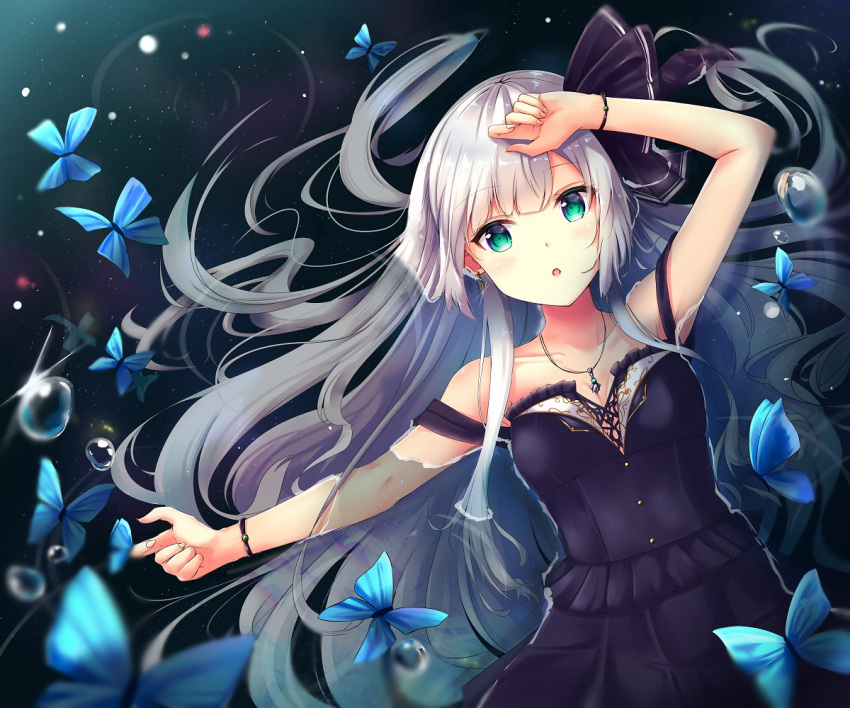 1girl :o afloat aqua_eyes arm_up bangs black_dress blunt_bangs blush breasts bug butterfly cleavage collarbone commentary_request dress earrings eyebrows_visible_through_hair from_above hair_ribbon hand_on_own_head insect jewelry long_hair looking_at_viewer necklace open_mouth original partial_commentary renka_(cloudsaikou) ribbon sleeveless sleeveless_dress small_breasts solo strap_slip upper_body very_long_hair water white_hair wristband