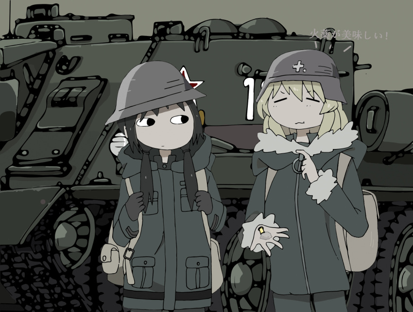 2girls artist_request black_eyes black_hair blonde_hair caterpillar_tracks chito_(shoujo_shuumatsu_ryokou) green_background ground_vehicle hat helmet highres military military_vehicle motor_vehicle multiple_girls shoujo_shuumatsu_ryokou stahlhelm su-100 tank tank_destroyer yuuri_(mermaid_melody_pichi_pichi_pitch)