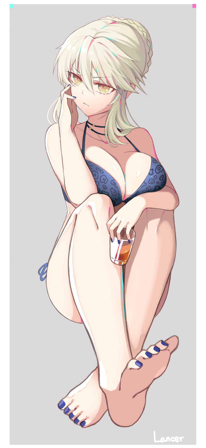 1girl absurdres arm_up artoria_pendragon_(all) artoria_pendragon_(lancer_alter) bangs bare_arms bare_legs bare_shoulders barefoot bikini blue_bikini blue_nails braid breasts brown_eyes character_request cleavage closed_mouth collarbone commentary cup drink drinking_glass english_commentary eyebrows_visible_through_hair fate/grand_order fate_(series) feet fingernails grey_background hair_between_eyes hair_bun highres holding holding_drinking_glass huyou_(awegk) large_breasts light_brown_hair long_hair looking_away looking_to_the_side nail_polish sidelocks sitting soles solo swimsuit toenails two-tone_background white_background