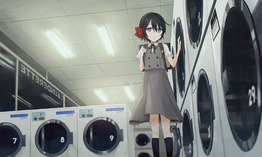 1girl :o backpack bag bangs black_hair black_legwear black_ribbon blue_eyes bow ceiling_light chihuri collared_shirt commentary_request dress_shirt eyebrows_visible_through_hair grey_skirt grey_vest hair_between_eyes hair_bow hands_up highres indoors kneehighs laundromat looking_at_viewer neck_ribbon night original parted_lips red_bow ribbon shirt short_sleeves skirt solo vest washing_machine white_shirt