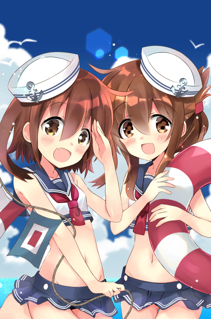 2girls adapted_costume anchor_symbol bikini bikini_skirt bird blue_sailor_collar blue_skirt blue_sky brown_eyes brown_hair clouds cowboy_shot day flag highres hizuki_yayoi ikazuchi_(kantai_collection) inazuma_(kantai_collection) kantai_collection lifebuoy long_hair looking_at_viewer midriff multiple_girls navel neckerchief outdoors pleated_skirt red_neckwear sailor_bikini sailor_collar salute seagull short_hair skirt sky swimsuit