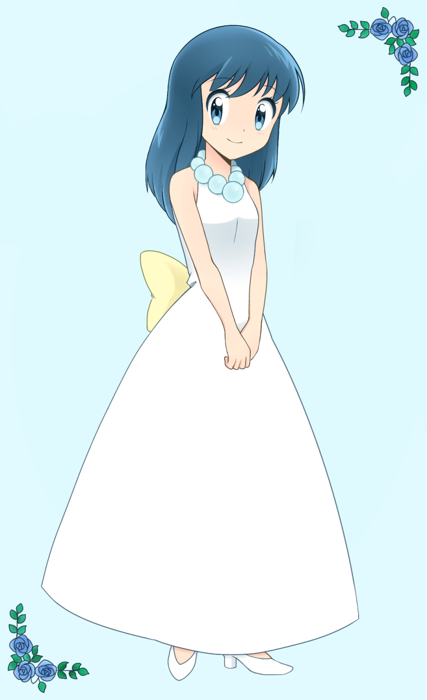 1girl blue_background blue_eyes blue_flower blue_hair blue_rose bow creatures_(company) dress eyebrows_visible_through_hair flower full_body game_freak highres hikari_(pokemon) jewelry koudzuki_(reshika213) long_dress long_hair necklace nintendo pokemon pokemon_(game) pokemon_dppt rose simple_background sleeveless sleeveless_dress smile solo standing white_dress yellow_bow