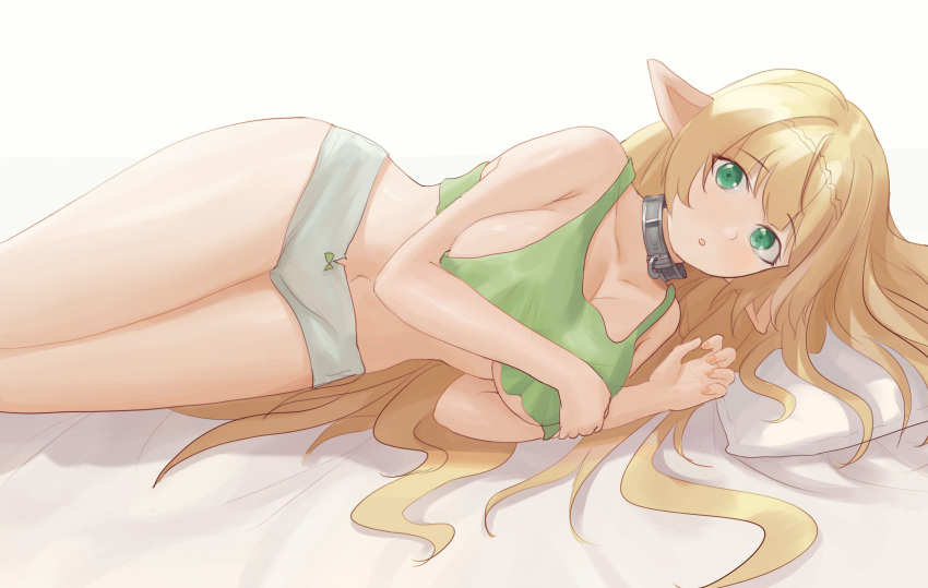 absurdres blonde_hair breasts chaji_h collar elf green_eyes highres isekai_maou_to_shoukan_shoujo_dorei_majutsu large_breasts long_hair looking_at_viewer lying navel on_side pointy_ears shera_l_greenwood thighs