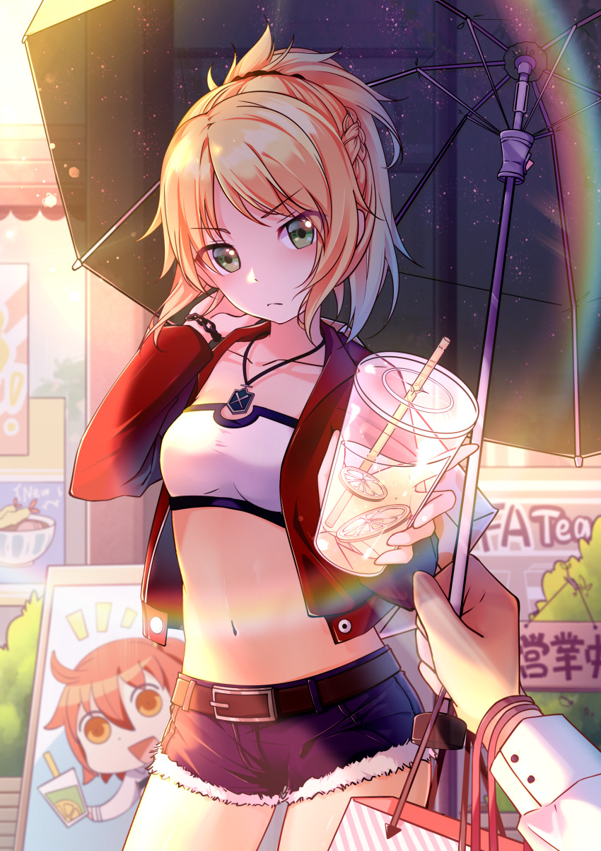 1girl absurdres bag belly belt blonde_hair blue_shorts bra braid breasts chaji_xiao_bai collarbone cup cutoffs denim denim_shorts drink fate/apocrypha fate_(series) fujimaru_ritsuka_(female) green_eyes hair_ribbon highres jacket jewelry looking_at_viewer medium_breasts mordred_(fate) mordred_(fate)_(all) navel necklace open_clothes open_jacket ponytail red_jacket ribbon shopping_bag short_hair short_shorts shorts umbrella underwear white_bra