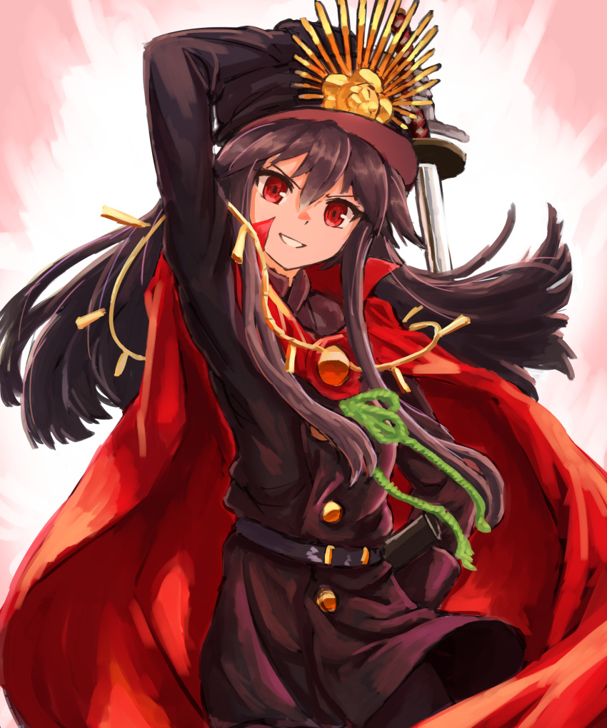 1girl absurdres arm_up bangs black_hair black_hat buttons cape fate/grand_order fate_(series) grin hair_between_eyes hat highres holding holding_sword holding_weapon katana koha-ace long_hair long_sleeves looking_at_viewer military military_uniform nob1109 oda_nobunaga_(fate) oda_uri red_cape red_eyes sheath sidelocks smile solo sword uniform unsheathed v-shaped_eyebrows weapon