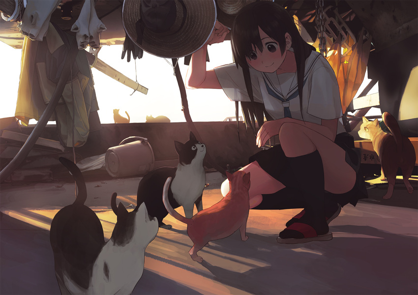 1girl arm_up backlighting black_eyes black_hair blush bucket cat chains commentary dark fingerless_gloves gloves hat jacket kneehighs kneeling long_hair looking_down morifumi original sandals school_uniform serafuku shade shadow silhouette smile solo sun_hat sunlight umbrella