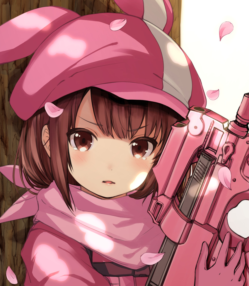 1girl against_tree animal_ears animal_hat brown_eyes brown_hair bullpup catbell cherry_blossoms eyebrows_visible_through_hair fake_animal_ears gloves gun hat highres holding holding_gun holding_weapon llenn_(sao) looking_at_viewer military military_uniform open_mouth p90 pink_gloves pink_hat pink_scarf scarf short_hair solo submachine_gun sword_art_online sword_art_online_alternative:_gun_gale_online tree uniform upper_body weapon white_background
