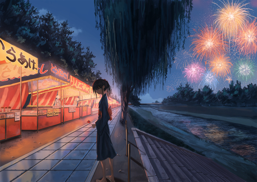 1girl 3boys backlighting black_hair blurry bridge candy clouds commentary cover cover_page dark depth_of_field doujin_cover festival fireworks flower food food_stand grass green_eyes holding_candy japanese_clothes kagumanikusu kimono looking_at_viewer looking_to_the_side multiple_boys night obi original outdoors path river road sandals sash scenery short_ponytail skinny sky stairs stall summer tree walking wisteria yukata