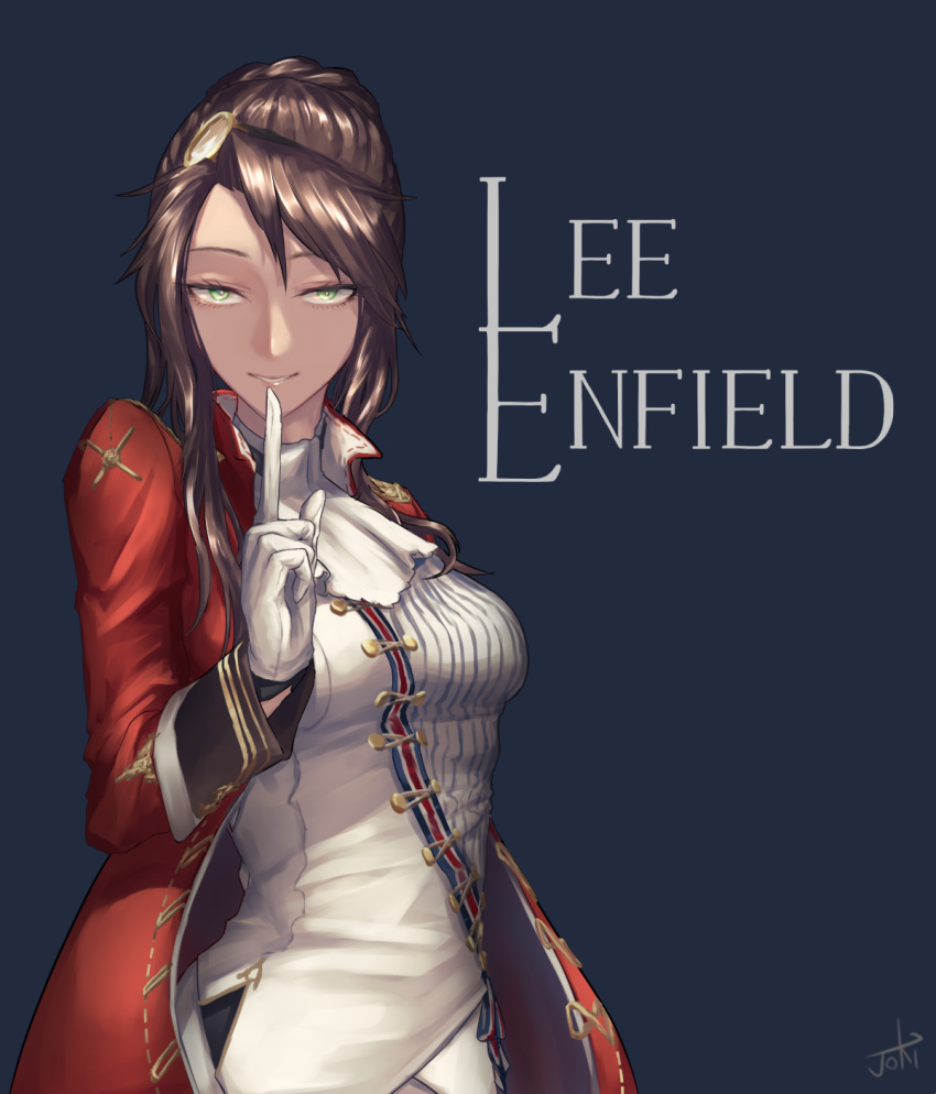 1girl ascot bangs blue_background blush braid breasts brown_hair character_name coat commentary finger_to_mouth french_braid girls_frontline gloves green_eyes hair_ornament half-closed_eyes highres jacket kanjou_jouki large_breasts lee-enfield_(girls_frontline) long_hair long_sleeves looking_at_viewer military open_clothes open_coat pants parted_lips red_coat shirt shushing sidelocks signature simple_background smile solo uniform white_gloves white_pants
