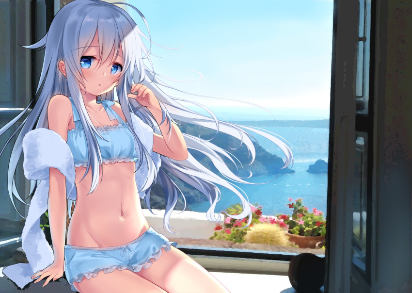 1girl blue_bra blue_eyes blue_shorts blue_sky bra cowboy_shot frilled_bra frilled_shorts frills gradient_sky hibiki_(kantai_collection) horizon island kantai_collection long_hair looking_at_viewer motohara_moka plant scenery short_shorts shorts silver_hair sitting sky solo towel underwear white_towel window