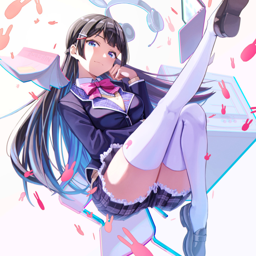 1girl :3 black_jacket blue_eyes blue_hair bow bowtie brown_hair closed_mouth collared_shirt dress_shirt floating_hair frilled_skirt frills hair_ornament hairclip highres jacket loafers long_hair looking_at_viewer miniskirt multicolored_hair nijisanji ntn00a pink_bow pink_bowtie plaid plaid_skirt pleated_skirt school_uniform shirt shoes skirt smile solo sweater thigh-highs tsukino_mito two-tone_hair very_long_hair virtual_youtuber white_background white_legwear white_shirt wing_collar yellow_sweater zettai_ryouiki