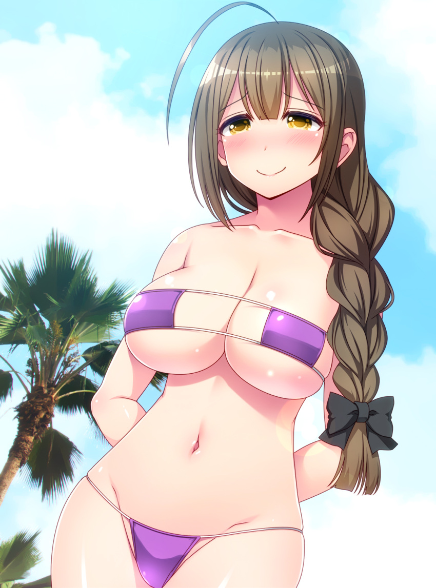 1girl ahoge arms_behind_back bangs bare_arms bare_shoulders bikini black_bow blue_sky blush bow braid breasts brown_hair cleavage closed_mouth clouds cloudy_sky collarbone commentary_request curvy day dutch_angle eyebrows_visible_through_hair eyepatch_bikini furrowed_eyebrows groin hair_between_eyes hair_bow hair_over_shoulder half-closed_eyes head_tilt highres huge_ahoge idolmaster idolmaster_shiny_colors kuwayama_chiyuki large_breasts lips long_braid long_hair looking_at_viewer navel outdoors parted_bangs purple_bikini sagging_breasts single_braid sky smile solo standing string_bikini swimsuit totokichi very_long_hair yellow_eyes