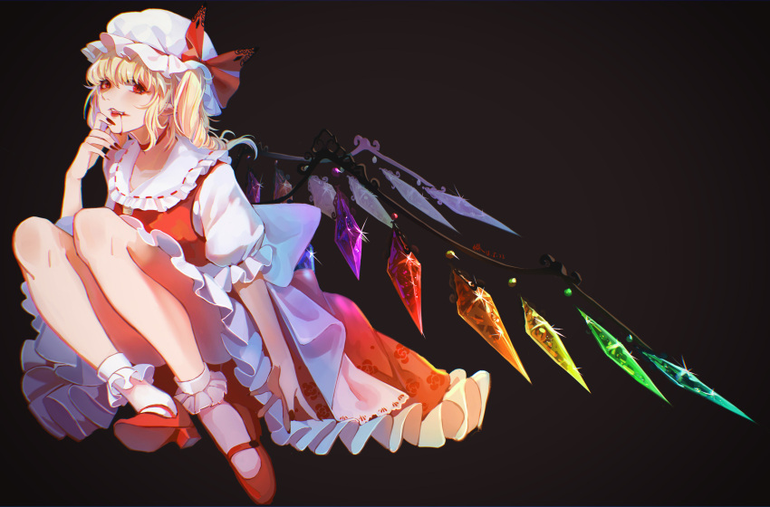 1girl absurdres black_background blonde_hair blood blood_from_mouth bobby_socks bow choker chromatic_aberration commentary_request crystal fang flandre_scarlet floral_print frilled_shirt_collar frills full_body gem hand_on_own_chin hand_up hat hat_bow hat_ribbon highres houraisan_chouko knees_up looking_at_viewer mob_cap nail_polish open_mouth petticoat pointy_ears puffy_short_sleeves puffy_sleeves red_bow red_choker red_eyes red_footwear red_nails red_ribbon ribbon ribbon-trimmed_collar ribbon_trim shoes short_hair short_sleeves side_ponytail simple_background sitting socks solo sparkle touhou white_hat white_legwear wings