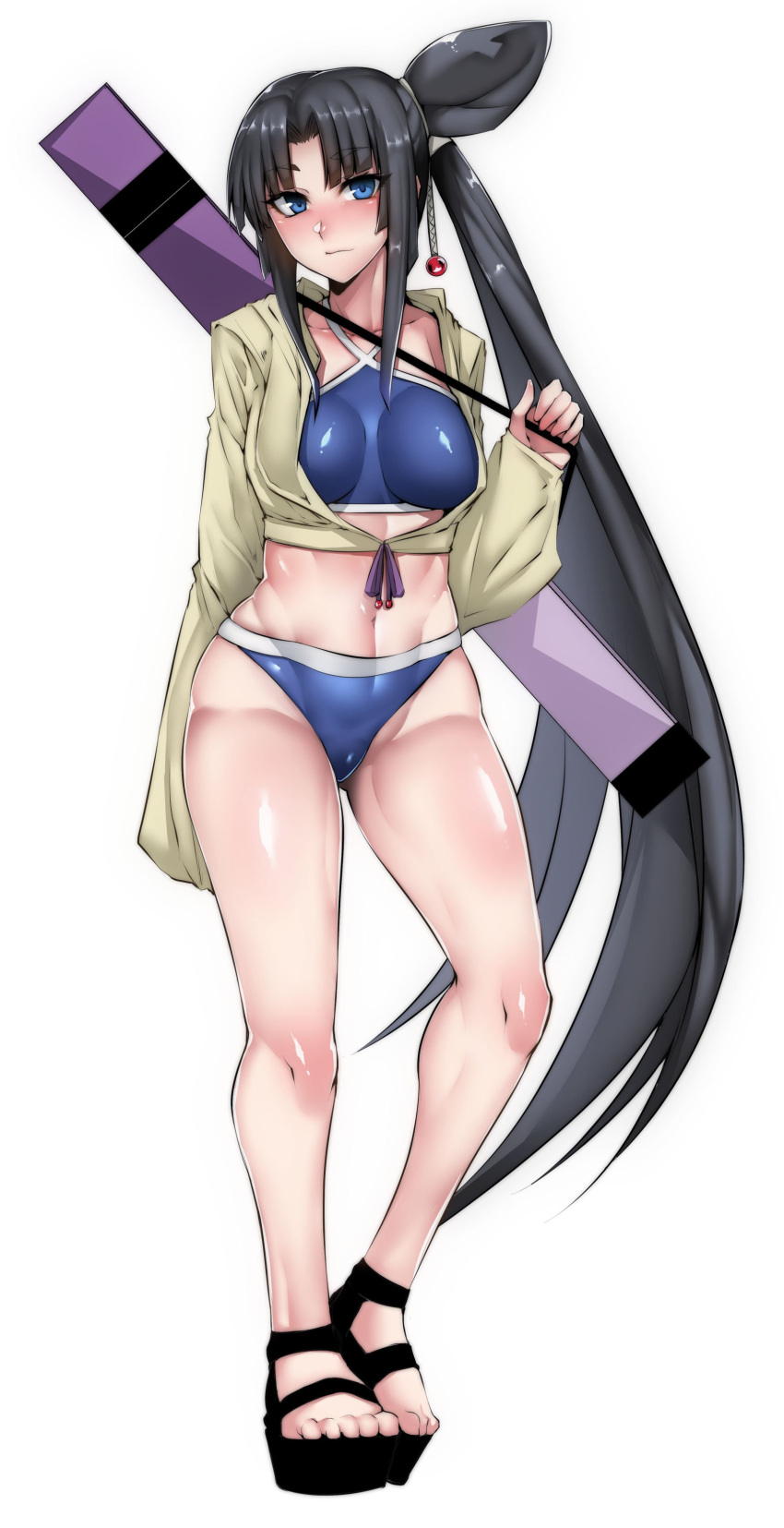 1girl absurdres bangs bikini black_hair blue_bikini blue_eyes blush breasts collarbone cropped_jacket eyebrows_visible_through_hair fate/grand_order fate_(series) full_body gggg groin hair_ribbon highres jacket jacket_over_swimsuit large_breasts long_hair long_sleeves looking_at_viewer navel nose_blush open_clothes open_jacket parted_bangs ribbon sandals shiny shiny_hair shiny_skin side_ponytail standing swimsuit thighs ushiwakamaru_(fate/grand_order) very_long_hair white_background yellow_jacket