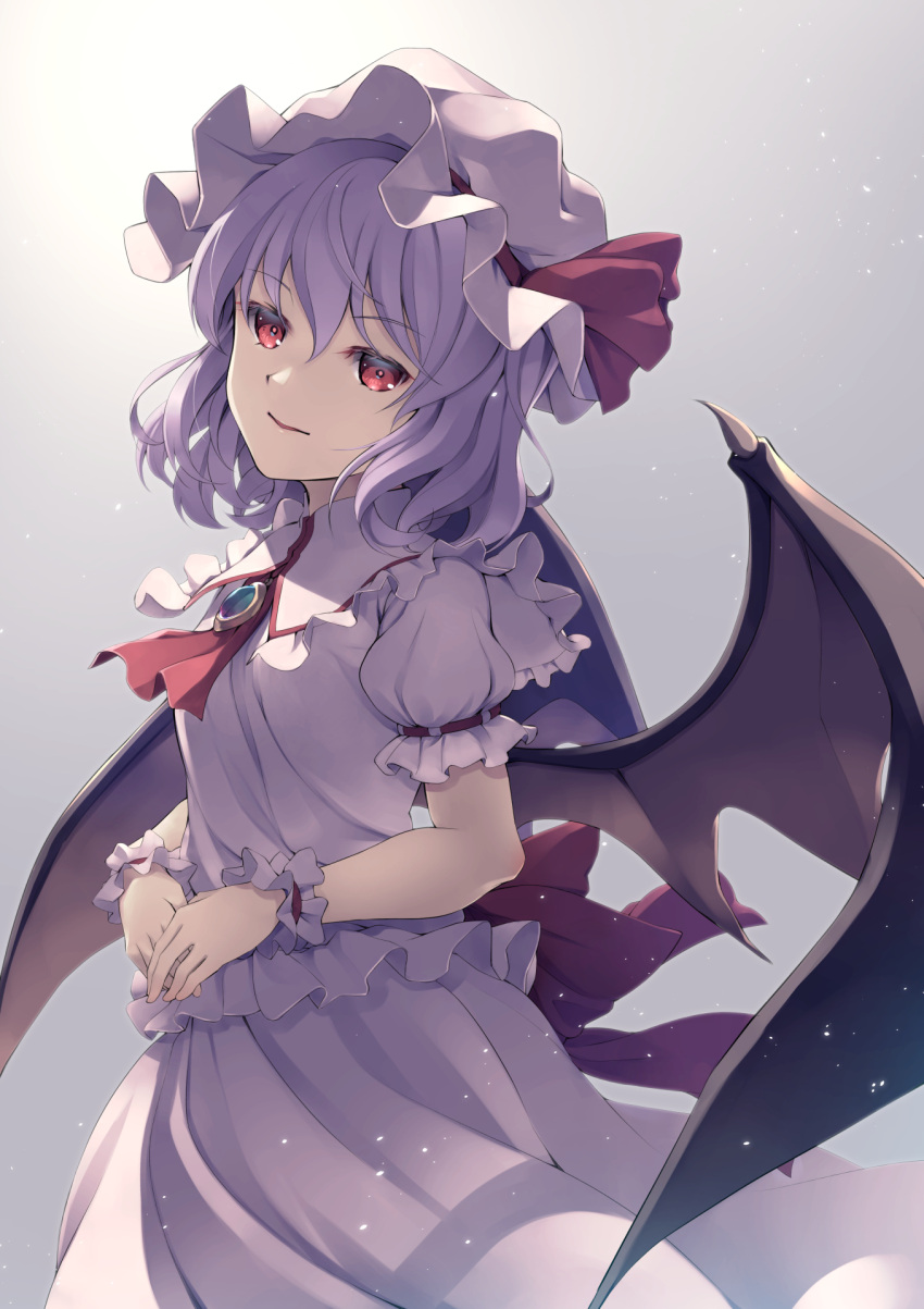 1girl ascot bangs bat_wings bow brooch brown_wings commentary_request eyebrows_visible_through_hair grey_background hair_between_eyes hat hat_bow highres jewelry long_hair looking_at_viewer looking_to_the_side mob_cap parted_lips puffy_short_sleeves puffy_sleeves purple_hair red_bow red_eyes red_neckwear remilia_scarlet shirt short_sleeves skirt skirt_set smile solo touhou white_hat white_shirt white_skirt wings wrist_cuffs yoshino_ryou
