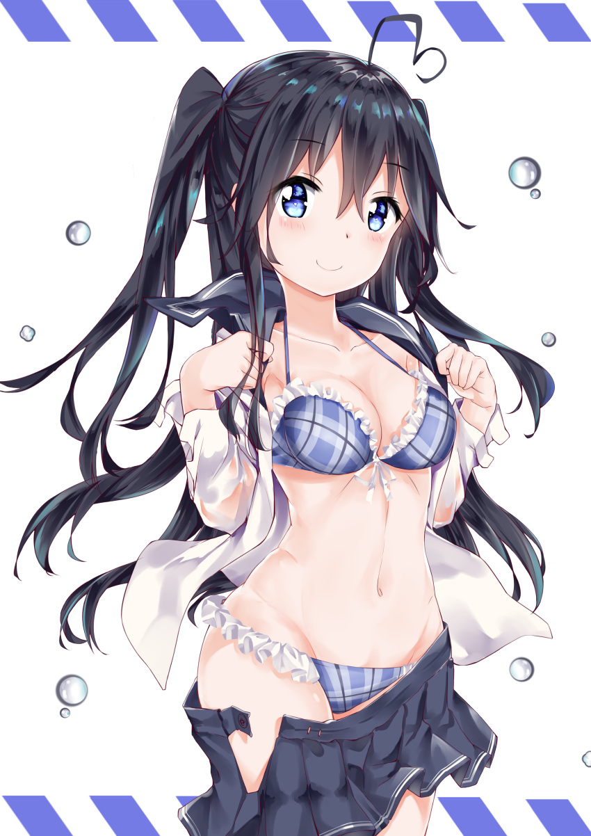 1girl absurdres ahoge antenna_hair bangs bikini black_hair black_skirt blouse blue_bikini blue_eyes blurry breasts cleavage closed_mouth cowboy_shot depth_of_field double_horizontal_stripe droplet eyebrows_visible_through_hair frilled_bikini frills front-tie_bikini front-tie_top fuyuki030 heart_ahoge highres long_hair looking_at_viewer medium_breasts miniskirt open_blouse open_clothes open_skirt original plaid plaid_bikini pleated_skirt school_uniform serafuku short_sleeves skirt skirt_pull smile solo standing swimsuit swimsuit_under_clothes undressing wet wet_clothes white_blouse