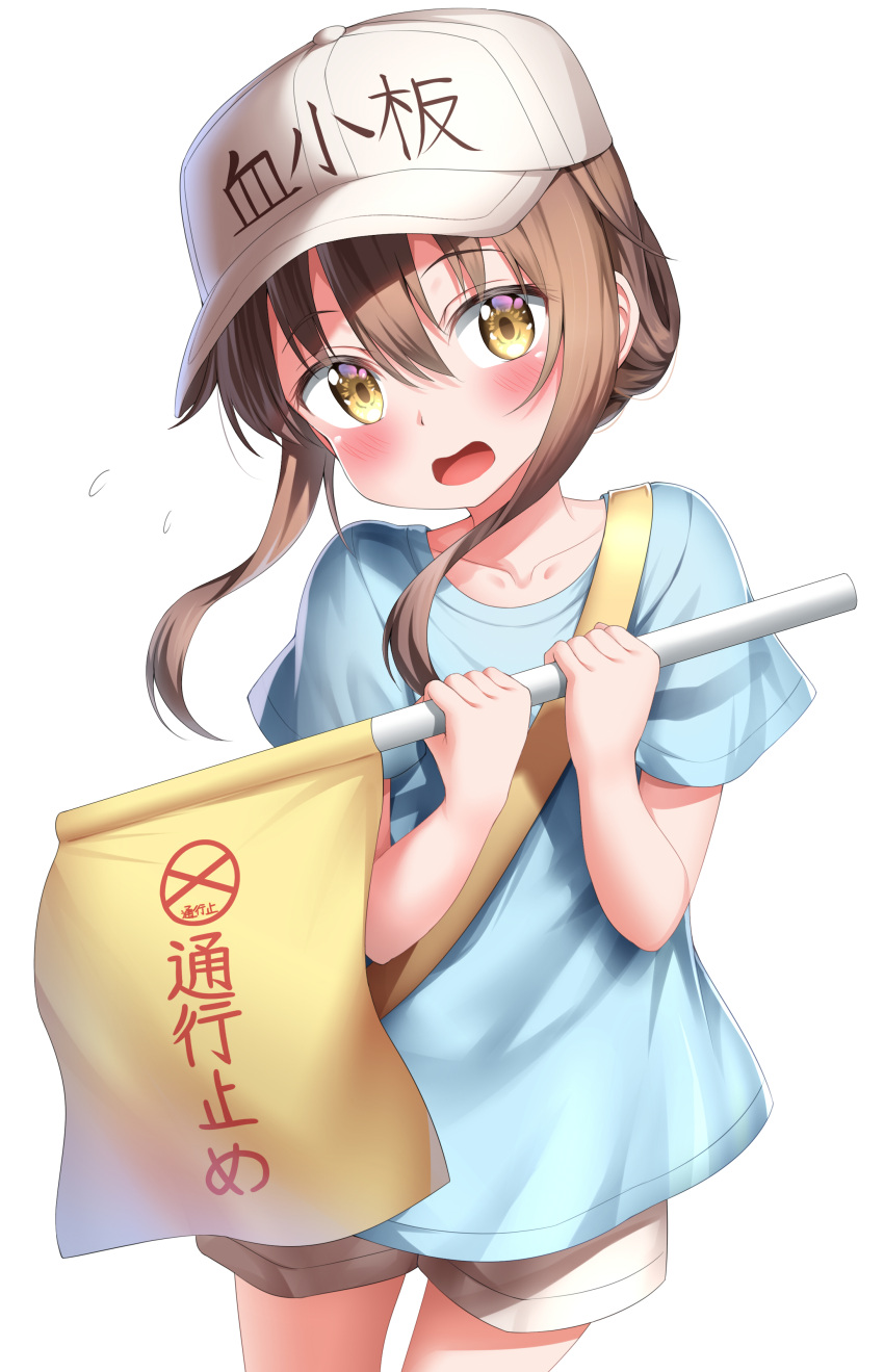 1girl absurdres blue_shirt blush brown_eyes brown_hair brown_shorts collarbone commentary_request cosplay flag flat_cap folded_ponytail hair_between_eyes hat hataraku_saibou highres holding holding_flag inazuma_(kantai_collection) kantai_collection nedia_(nedia_region) open_mouth platelet_(hataraku_saibou) platelet_(hataraku_saibou)_(cosplay) shirt short_hair short_sleeves shorts simple_background solo white_background white_hat