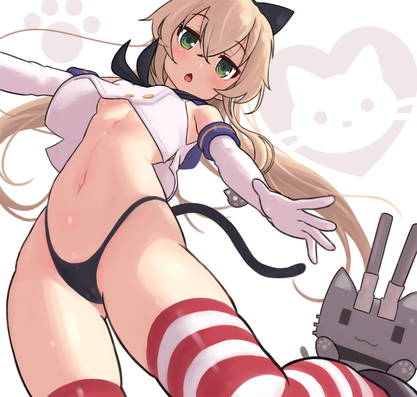 1girl animal_ears black_panties blonde_hair breasts cat_ears cat_tail chestnut_mouth crop_top elbow_gloves from_below gloves gluteal_fold green_eyes hair_between_eyes highleg highleg_panties highres kantai_collection long_hair looking_at_viewer navel no_pants open_mouth outstretched_arms panties rensouhou-kun rose_neru shimakaze_(kantai_collection) solo striped striped_legwear tail thigh-highs under_boob underwear white_gloves