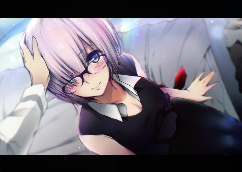 1girl absurdres bed bed_sheet black-framed_eyewear black_dress black_legwear blush breasts cleavage closed_mouth dress fate/grand_order fate_(series) from_above glasses hand_on_another's_head highres huge_filesize kappipe_(brd0520) light_particles long_sleeves looking_at_viewer looking_up mash_kyrielight medium_breasts on_bed out_of_frame pantyhose petting pink_hair pov pov_hands scan short_hair sitting sleeveless sleeveless_dress smile solo_focus tareme violet_eyes