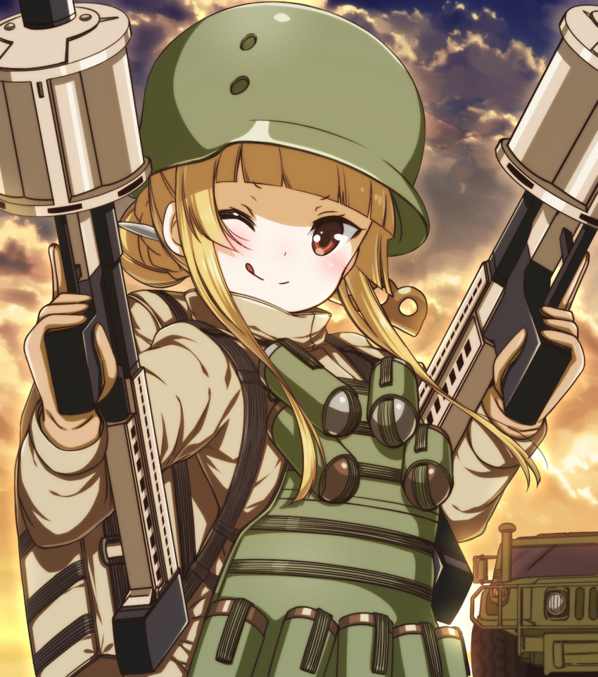 1girl ;q bangs blonde_hair blunt_bangs brown_eyes brown_gloves brown_jacket catbell floating_hair fukaziroh_(sao) gloves grenade_launcher gun highres holding holding_gun holding_weapon jacket looking_at_viewer loud military military_uniform one_eye_closed outdoors solo sword_art_online sword_art_online_alternative:_gun_gale_online tongue tongue_out uniform upper_body weapon